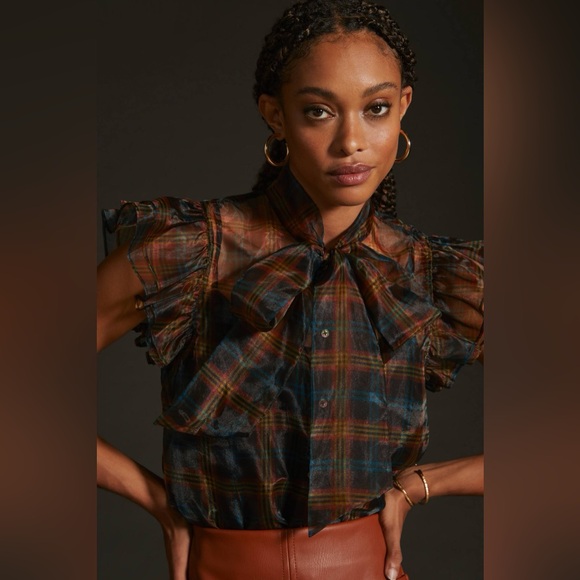 Anthro Women's Small Current Air Sheer Autumnal Plaid Blouse Ruffle Sleeve Top - Picture 1 of 16